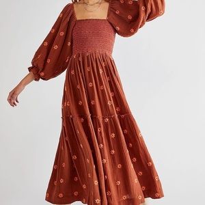 FREE PEOPLE DAHLIA SMOCKED EMBROIDERED MAXI DRESS NEW LARGE